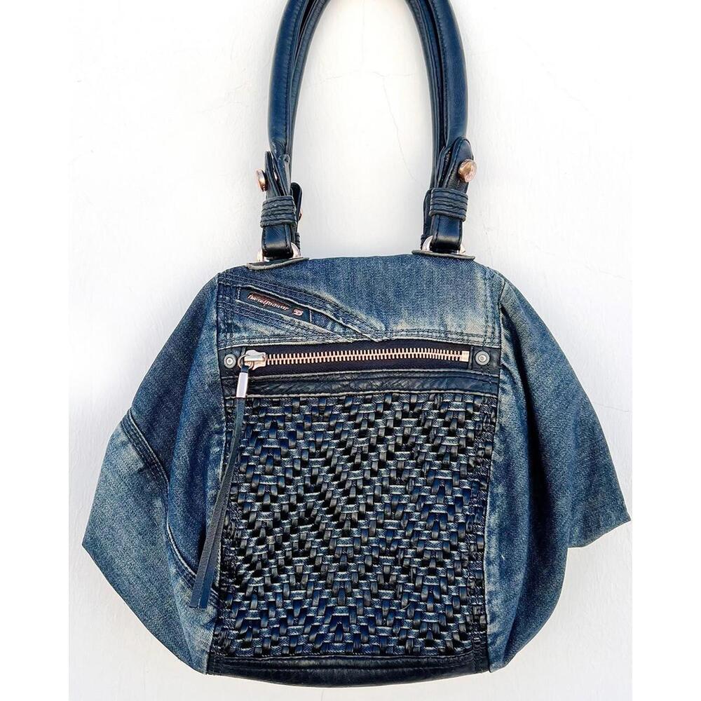 Vintage DIESEL Industry Denim Bag Woven Leather Blue Distressed Y2K Grunge Satch
